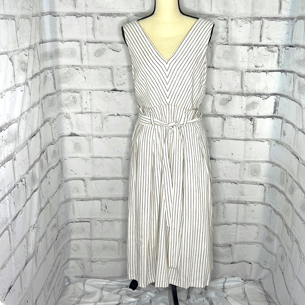 ANTONIO MELANI Women’s Ivory Fossil Linen Striped Livey Lined Double V Dress 14